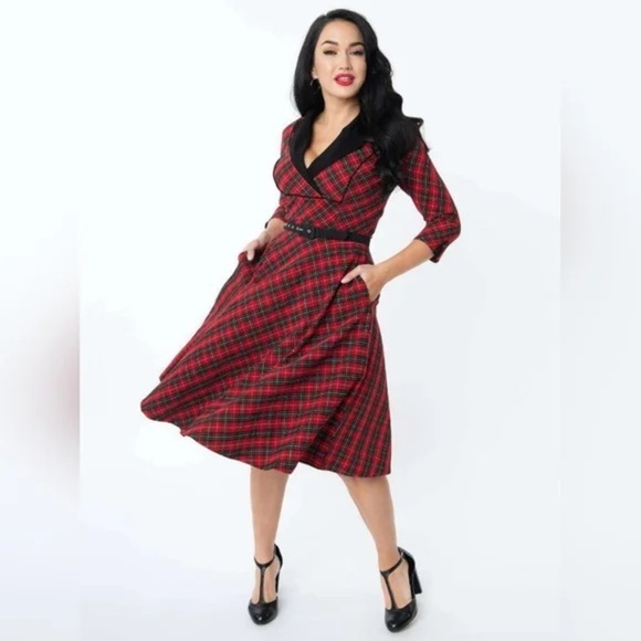 UNIQUE VINTAGE Trudy Red Plaid Dress 50s style swing dress with Black Accents - Picture 1 of 3